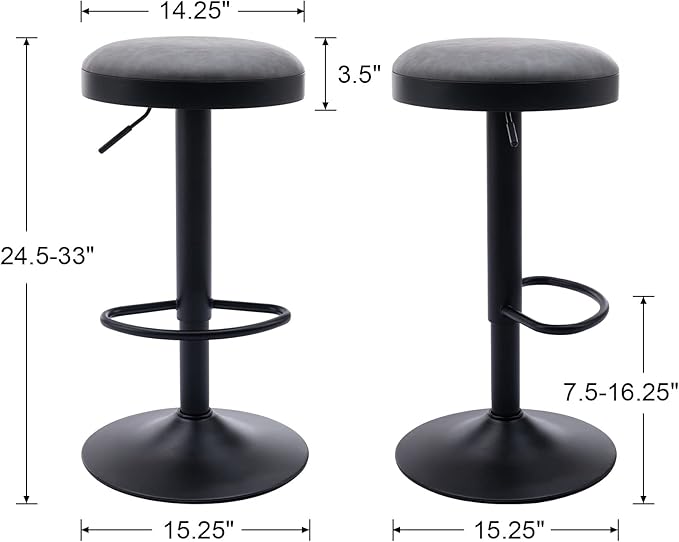CIMOTA Swivel Round Bar Stools Set of 1 Backless Adjustable Counter Height Barstools Modern Industrial PU Leather Bar Stool Chair for Kitchen/Home Bar/Pub/Bistro/Office, Retro Grey