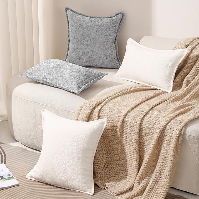 DEZENE Pack of 2 Light Gray Euro Shams Pillow Covers 26x26 Cozy Soft Chenille Decorative Throw Pillow Covers Accent Vintage Square Couch Pillow Covers for Home Decor Bed Sofa Living Room