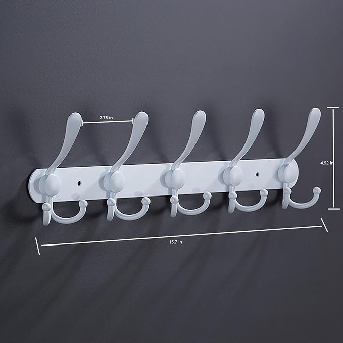 Coat Rack Wall Mounted,5 Tri Stainless Steel Coat Hook for Coat Hat Robes Towel in Mudroom Entryway (White, 1 Pack 5 Hook)