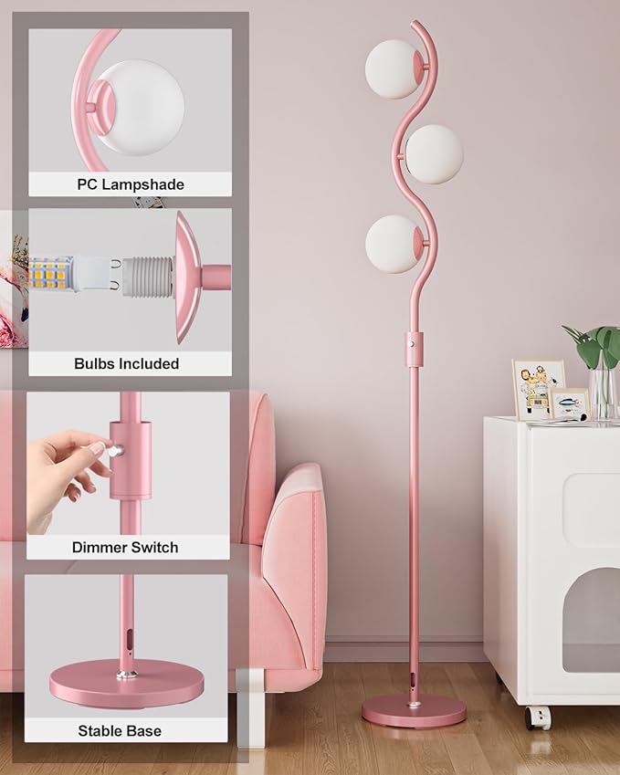 ACOHOOK 60IN Dimmable (Brightness Adjustable) Pink Floor Lamp, Modern Standing Lamps with 3 Globe Soft Warm White 3000K Bulbs, Mid Century Floor Lamp for Living Room Bedroom Home Decor