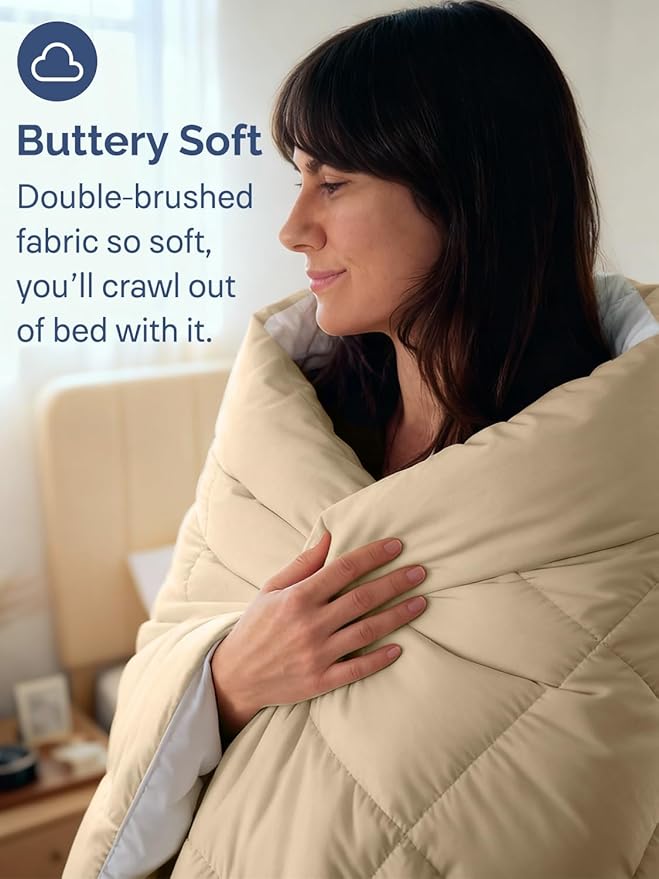 Queen Size, Cream & Antique White Reversible Alternative Down Comforter - Warm Lightweight Breathable Hotel Quality Bedding Set - All Season Fluffy Oversized Cooling Microfiber Duvet Insert Comforter