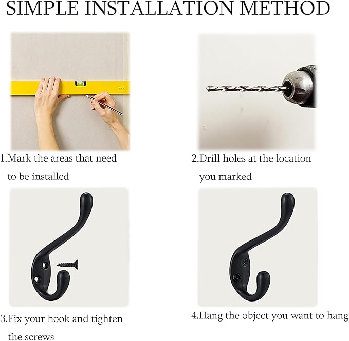 Coat Hooks 10 Pack - Heavy Duty Wall Mounted Matte Black Double Hooks for Hanging Clothes/Towels - Sturdiness Design with Better Mounting System