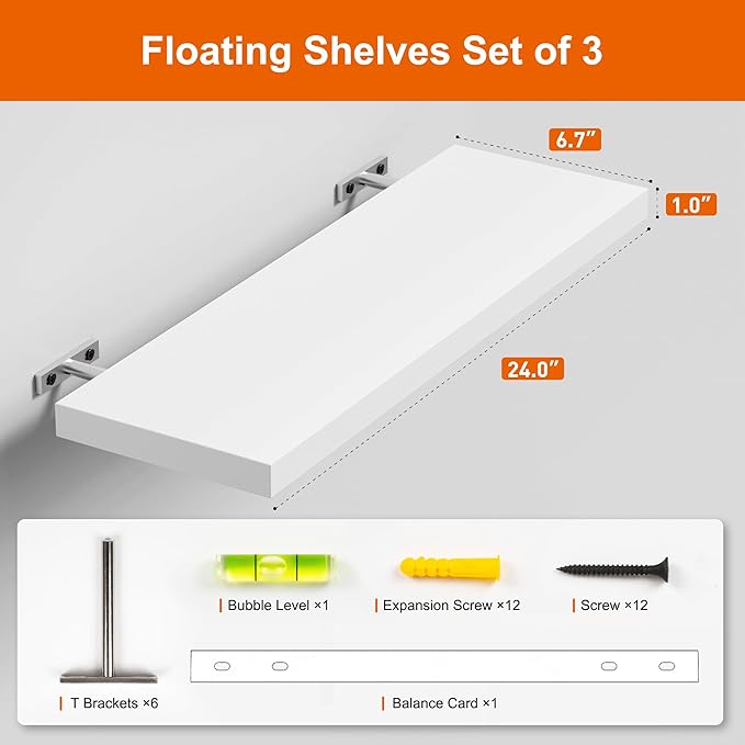 3-Pack 24" White Modern Wooden Floating Shelves, Wall Mounted, Set of 3, 6.7" W x 24" L x 1" H, 25lbs Load Capacity Each, Perfect for Bathroom, Kitchen, Living Room, Bedroom