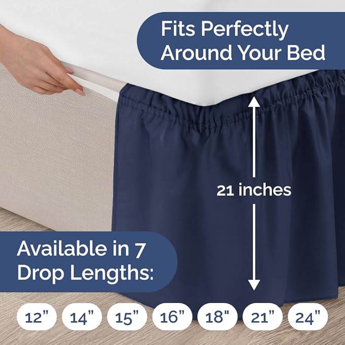 Wrap Around Dust Ruffle Bed Skirt - Navy Blue - for King Size Beds with 21 Inch Drop - Elastic Strap - Adjustable Pleated Bedskirt with Brushed Fabric and Wrinkle Free - for Women, Men, Kids & Teens