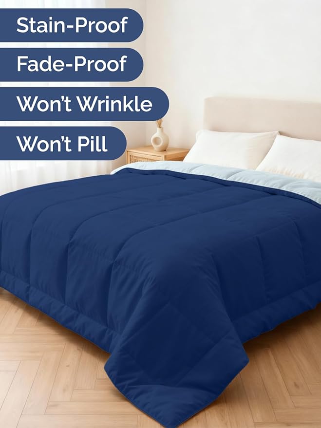 King Size, Blue & Light Blue Reversible Alternative Down Comforter - Warm Lightweight Breathable Hotel Quality Bedding Set - All Season Fluffy Cozy Oversized Cooling Microfiber Duvet Insert Comforter