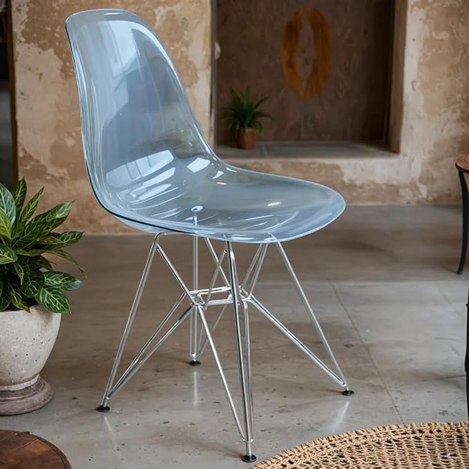 LeisureMod Cresco Mid Century Acrylic Dining Chair - Ergonomic & Lightweight Accent Side Chair with Curved Back & Chrome Eiffel Base for Home, Kitchen & Café, Transparent Blue