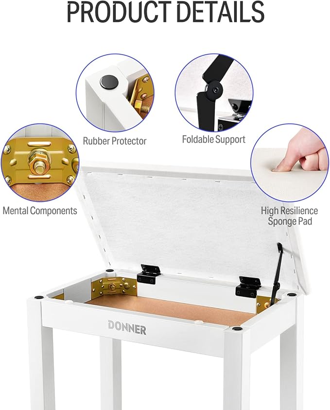 Donner Piano Bench with Storage, Solid Wood Keyboard Bench Piano Bookcase Stool Chair Seat with High-Density Suede Cushion, White