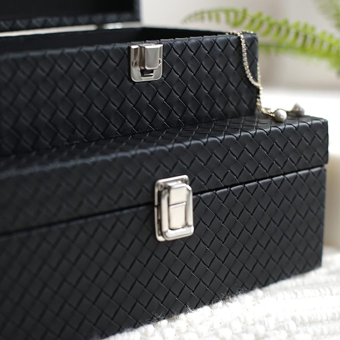 Faux Leather Decorative Jewelry Storage Organizer Boxes Set of 2, Black