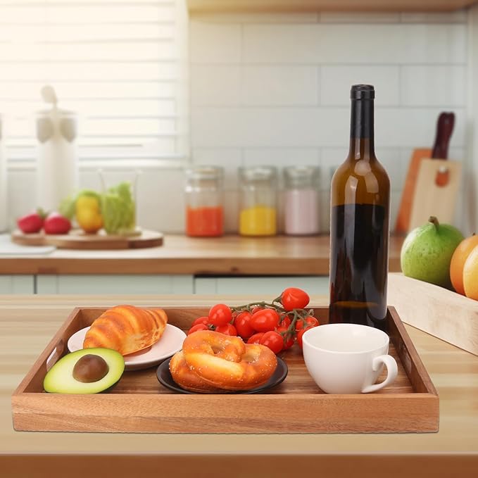 2 PCS Acacia Wood Serving Tray with Handles - 17 x 11.5 Inch Elegant Rectangle Wooden Tray for Food, Decorative Snack Tray, Breakfast and Kitchen Tray, Ideal Wooden Serving Platter for Homes