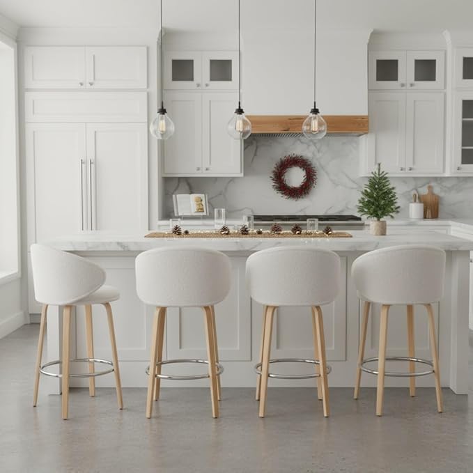 LukeAlon Modern Single Sherpa Counter Stool, Upholstered 26" Seat Height Low Bar Stools with Wood Legs Armless Counter Height Bar Chairs with Footrest for Kitchen Dining Room, Fur White