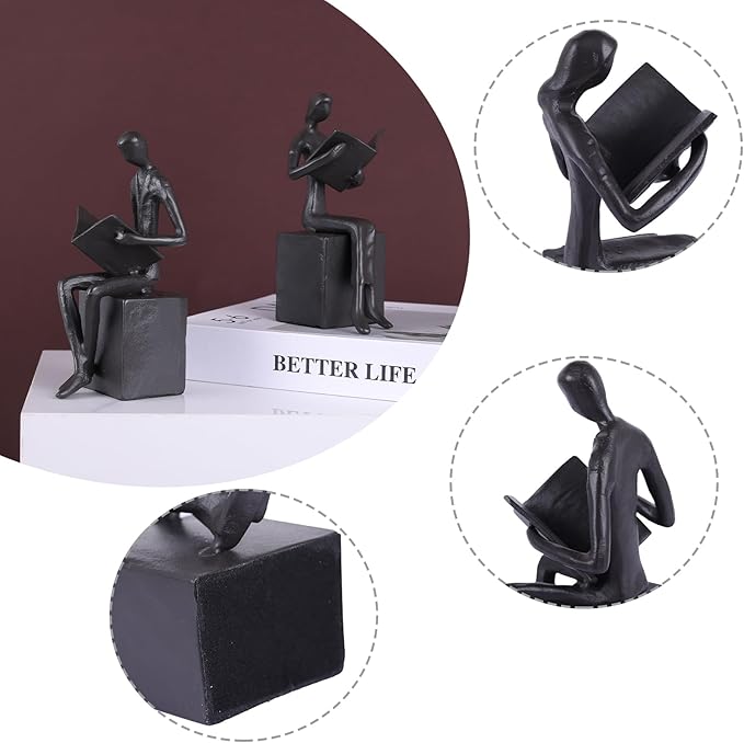 Reading Couple Bookshelf Decor Bookends Set of 2, Cast Iron Bookend for Office Desk, Living Room, Bedroom, Home Decorative Book Lovers Gifts (Reading Bookends)