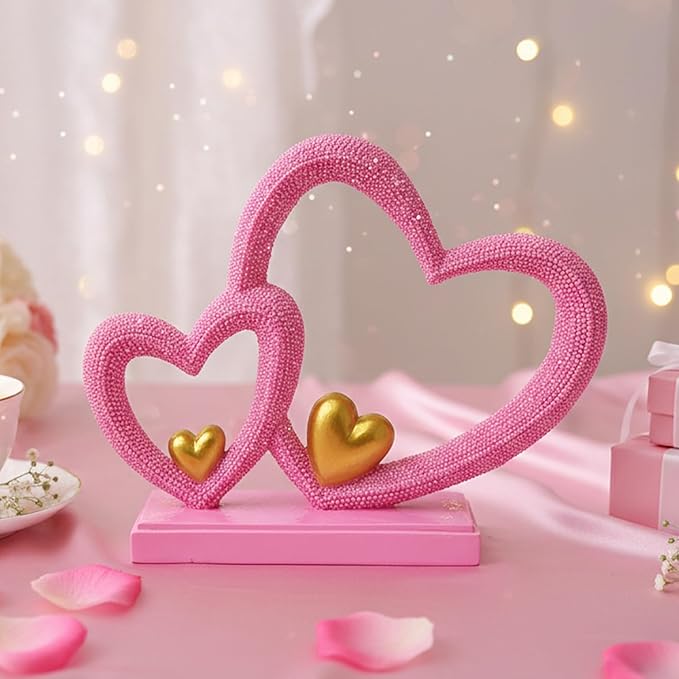 Double Heart Sculpture Valentine’s Day Statue, Faux Beaded Texture with Gold Accents, 7.9" Pink Romantic Decor for Shelf, Mantel, Bedroom, Wedding, for Her
