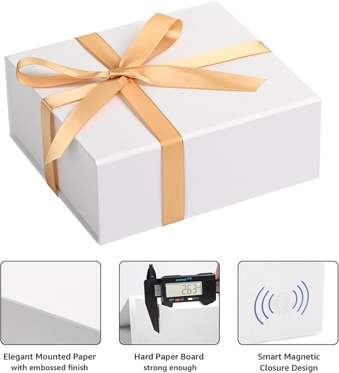 LIFELUM Black Gift Box 8 x 7 x 3 inch, Gift Box with lid Magnetic Closure Box Sturdy Box for Gift Includ Greeting Cards,Ribbon,Shredded Paper Filler for Presents (1 Pcs)