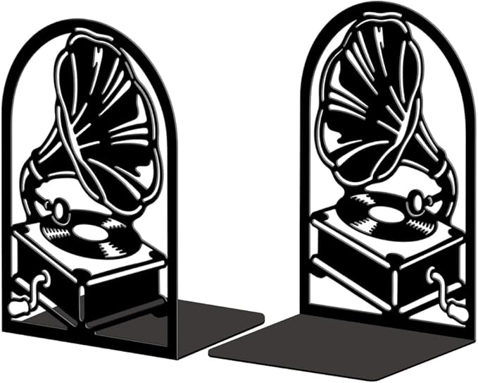 Peacoblue Metal Bookends for Shelves, Modern Decorative Heavy Duty Study Book Ends Stoppers for Office, Desk, Shelf, Room 5.3"x4.3"x7.9" Cast Iron Simple Tall Bookends 1 Pair (Phonograph)