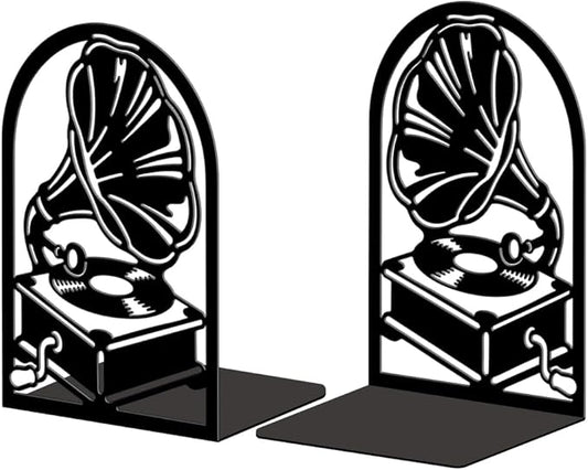 Peacoblue Metal Bookends for Shelves, Modern Decorative Heavy Duty Study Book Ends Stoppers for Office, Desk, Shelf, Room 5.3"x4.3"x7.9" Cast Iron Simple Tall Bookends 1 Pair (Phonograph)
