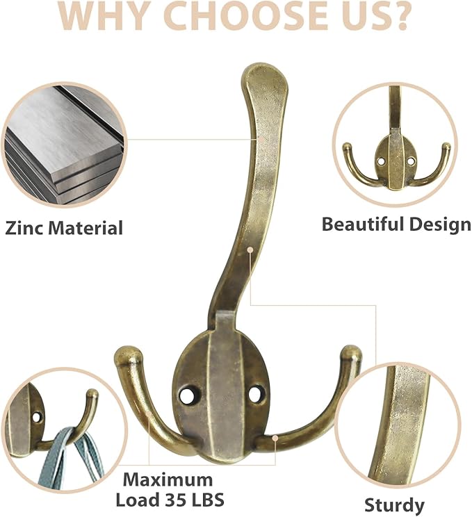 20 Pack Coat Hooks Heavy Duty, Metal Three Prongs Large Coat Hooks Wall Mounted with 40 Screws, No Rust Antique Brass Rustic Wall Hooks for Hanging Towel, Coat, Scarf, Bag, Hat, Cup, Key