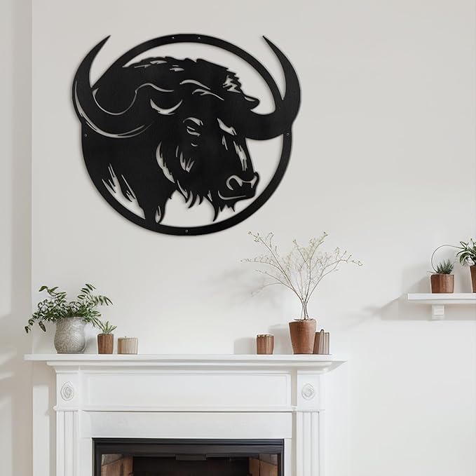 SIGNLEADER Metal Wall Art Decor Majestic Buffalo Circular Frame Minimalist Modern Abstract Wall Sculpture Hangings Home Decoration for Living Room, Bedroom, Bathroom, Kitchen, Outdoor - 18" Black
