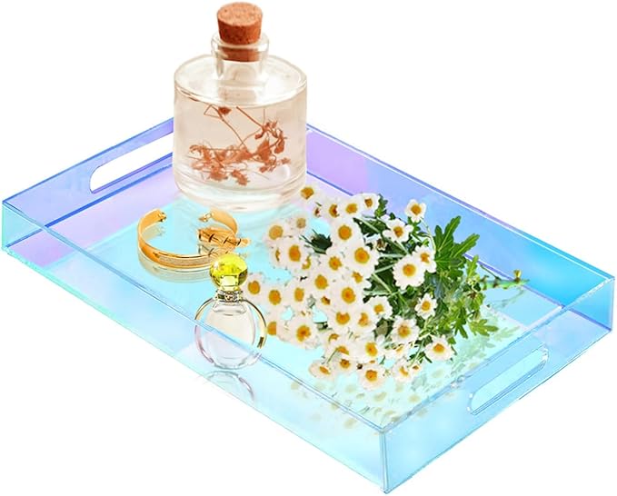 SetGame Acrylic Serving Tray with Handles, Bathroom Desktop Decorative Storage Arylic Trays, Simple Vanity Tray Food Tea Fruit Dinner Snack Tray for Bar Kitchen Party