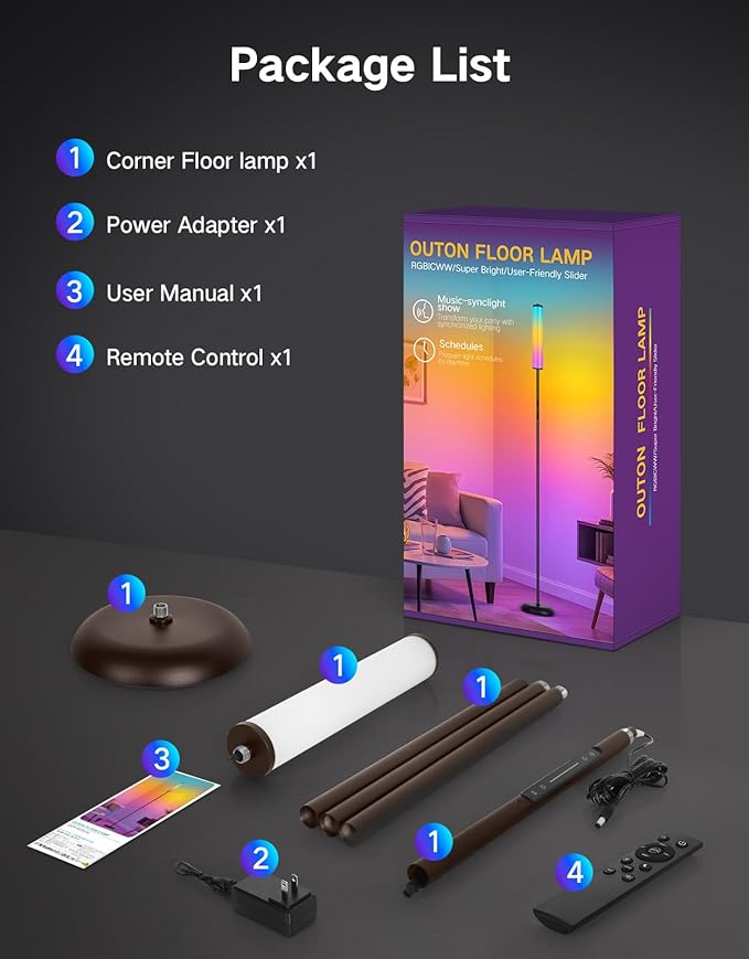 OUTON LED Floor Lamp with Remote & APP Control, 1500LM Ultra Bright Tall Standing Lamp, 16 Million Colors, 32 Scene Modes & Music Sync, Modern Corner Lamps for Living Room, Bedroom, Gaming, Brown