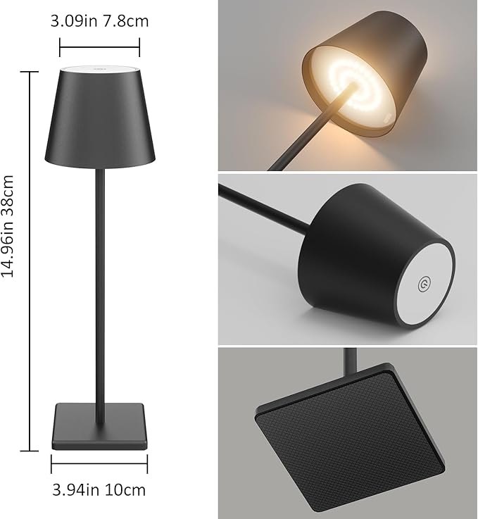 2 Pack Cordless LED Table Lamp Black, 5500mAh Battery Powered Table Light, 3 Color Temperatures Stepless Dimmable Rechargeable Table Lamps for Outdoor Restaurant Bedroom