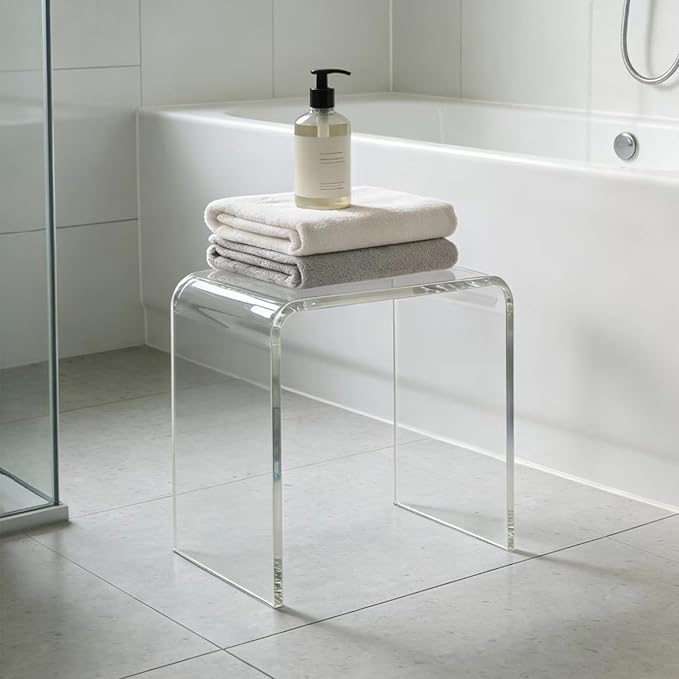 Acrylic 15 Inch Small Stool, Clear Acrylic Step Stool for Kids and Adults, Water-Resistant Shower Stool, Modern Bathroom Stool, 200 lbs Weight Capacity