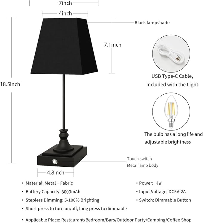Rechargeable LED Table Lamps with Stepless Touch Control,Black Cordless Lamp for Living Room&Bedside&Patio&Shower,Small Desk Lamp(6000mAH Battery),2 Pack for Home Decor,Best Gifts for Family