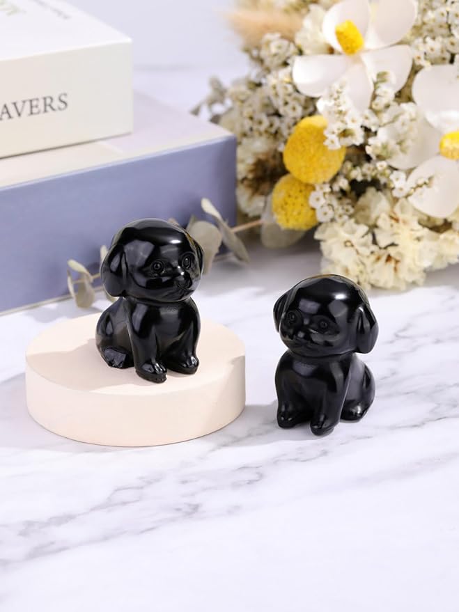 Jovivi Natural Black Obsidian Crystal Sitting Dog Statue Home Decor 1.6" Carved Gemstone Puppy Dog Figurines Pocket Sculpture Reiki Healing Stones Decorative Ornament Gift
