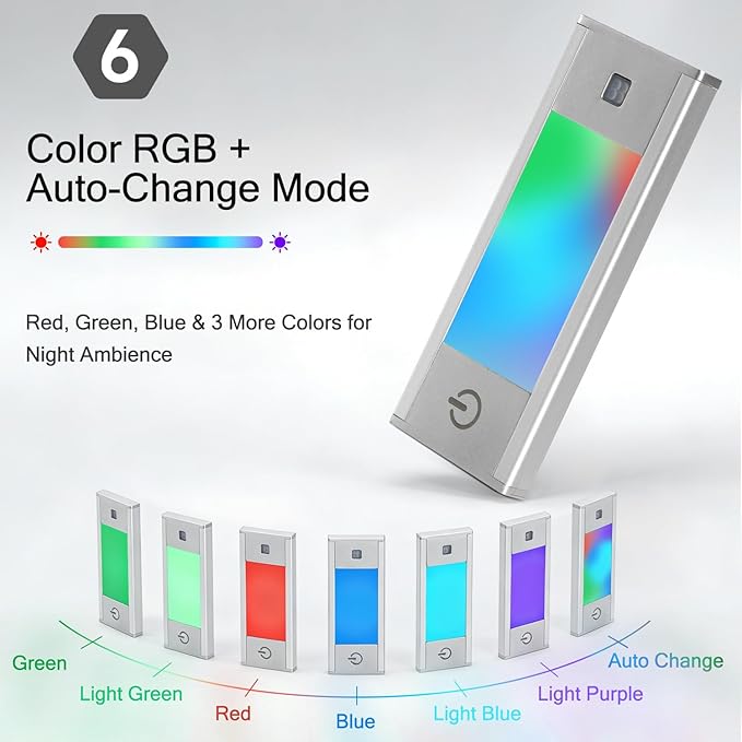 V4light RGB Motion Sensor Night Light, 6-Color Rechargeable Stair Lights, Magnetic Stick-On LED Bookshelf Light with Auto-Off, Touch Control, for Hallway, Stairs, Display Cabinet (6-Pack)