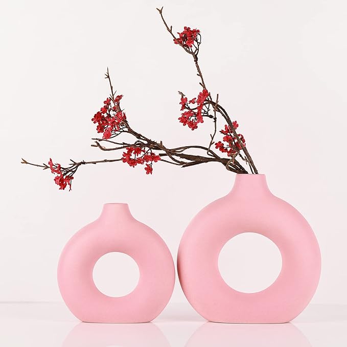 Pink Vase Decor Donut Vase Set of 2 - Circle Hollow Vases, Modern Matte Ceramic Vases for Entryway Living Room Bedroom Dining Table Centerpiece Office Home Decor
