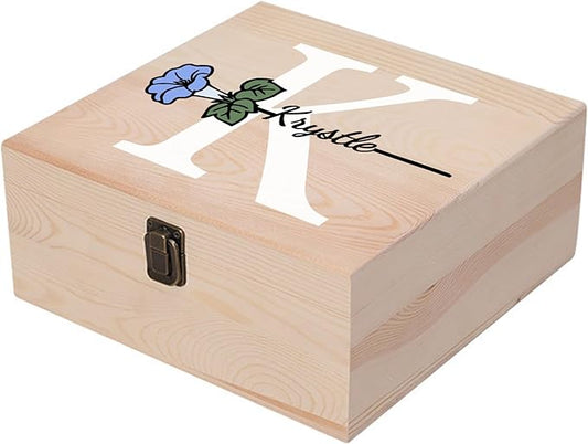 Personalized Wooden Keepsake Memory Box with Birth Flower & Name, Custom Wood Decorative Storage Box with Lids Customized Christmas Gift Box for Women Teen Girls Mom Birthday Gifts