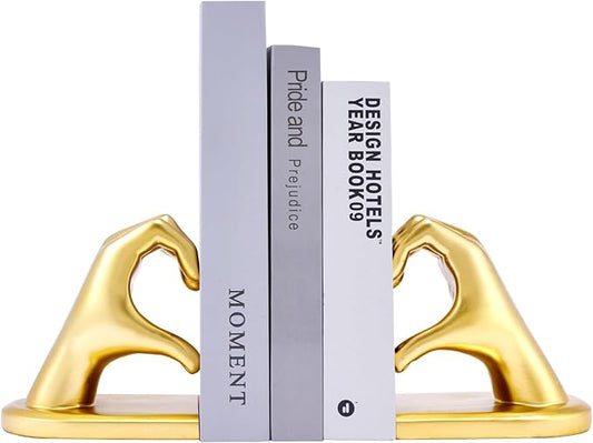Book Ends Heart Design for Mom, Gold Bookends for Shelves, Non-Skid Bookend, Heavy Duty Resin Book Stopper for Books, Decorative Holder, Gifts for Mother's Day 10.43 x 3.93 x 5.51’’, Gold