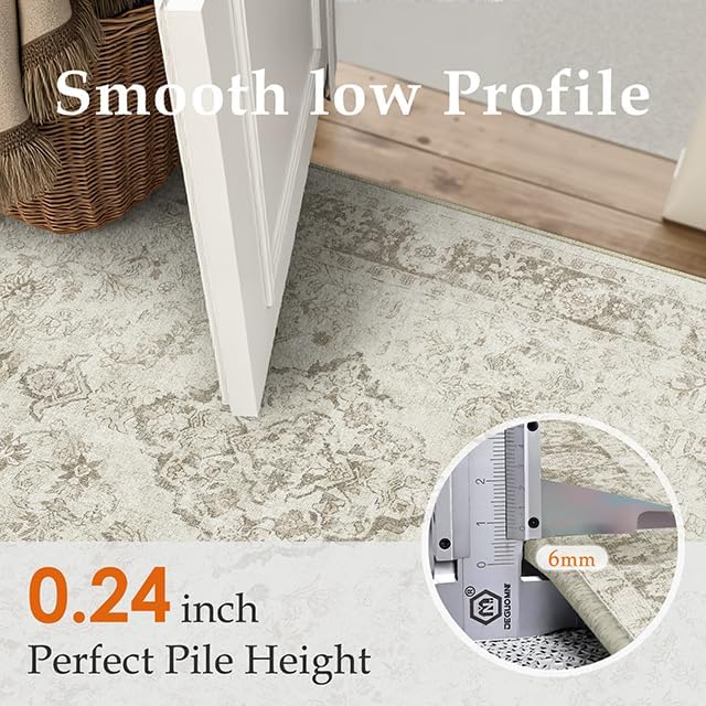 PureCozy 2x3 Area Rug Beige Washable Entryway Door Mat Carpet Vintage Distressed Small Non Slip Low Pile Thin Kitchen Entrance Medallion Accent Throw Rug Bedroom Office Living Room Bathroom