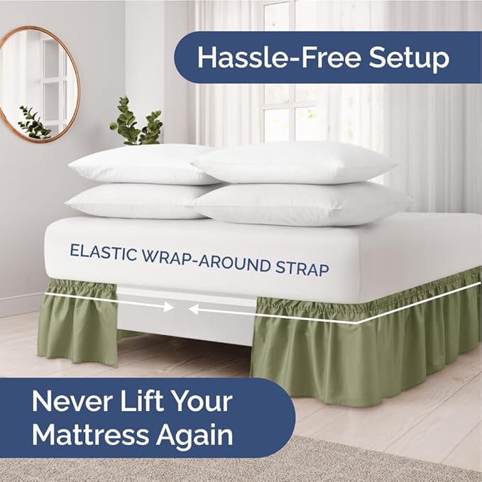 Wrap Around Dust Ruffle Bed Skirt - Sage Green - Twin/Twin XL Size Beds with 18 Inch Drop - Elastic Strap - Adjustable Pleated Bedskirt with Brushed Fabric and Wrinkle Free - Women, Men, Kids & Teens