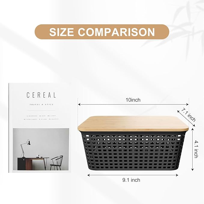 Plastic Storage Bins with Bamboo Lid - Stackable Pantry Storage Organizer with Lid - Storage Basket with Lable for Organizing: Small Storage Box for Shelves Cabinet Office Drawer Desktop 10x7x4in 6Pcs