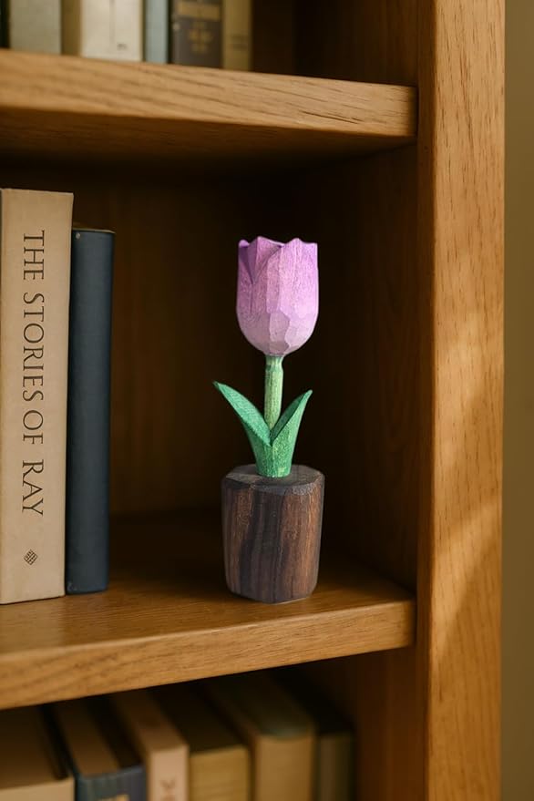 Handcrafted Wooden Tulip Figurine – Elegant Basswood Carved Sculpture, Unique Gift with Premium Gift Box, Ideal for Mother’s Day, Anniversary, Birthday, Home Office Décor (Purple)