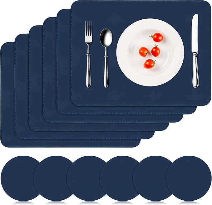 Faux Leather Placemats Set of 6, Vinyl Placemats Heat Resistant Place Mats, Waterproof Oil-Proof Wipeable Dining Table Mats and Coasters for Kitchen, Indoor, Outdoor (Navy Blue)