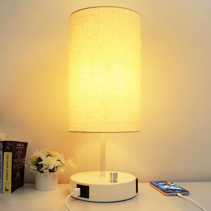 HiBay 17.75" Dimmable Bedside Table Lamp with Charging Station - 2 USB Ports & AC Outlet, Modern White Nightstand Light with Round Fabric Shade for Bedroom Living Room Office, Bulb Included