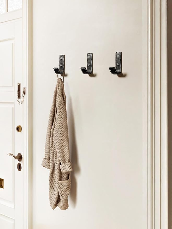 2 Pack Black Leather Coat Hooks Wall for Hanging Rectangle Coat Hooks for Hanging Robe Towels Bags Hats Scarf Keys Clothes Suitable for Bedroom, Entryway and Closet