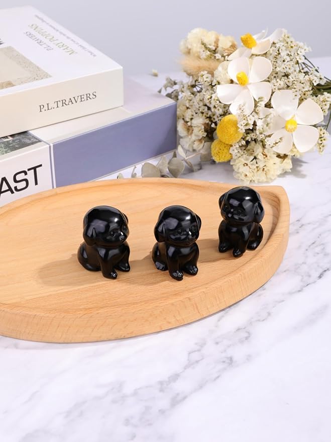Jovivi Natural Black Obsidian Crystal Sitting Dog Statue Home Decor 1.6" Carved Gemstone Puppy Dog Figurines Pocket Sculpture Reiki Healing Stones Decorative Ornament Gift