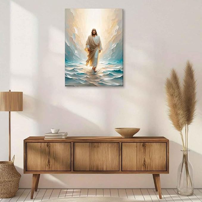 Jesus Walking On Water Canvas Wall Art Christian Bible Stories Wall Decor Picture Divine Light Modern Religious Poster Prints for Living Room Bedroom Church Home Decoration 12"x16"