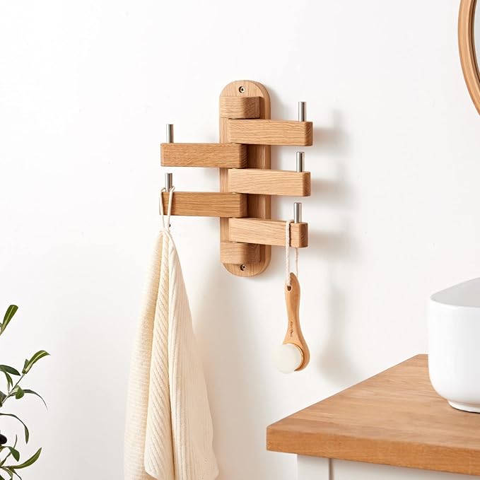 Oak Wood Coat Hooks, Coat Rack Wall Mount Swivel & Heavy Duty Wall Hooks for Bedroom, Entryway, Living Room, Bathroom,Office, Classroom