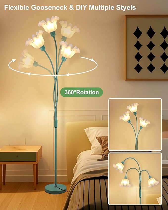 ACOHOOK Flower Floor Lamp for Living Room, Modern Tree Floor Lamp with Adjustable Heads, 3 Light 3000K Soft Warmwhite Mid Century Standing Tall Lamp for Bedroom Kids Room-Green