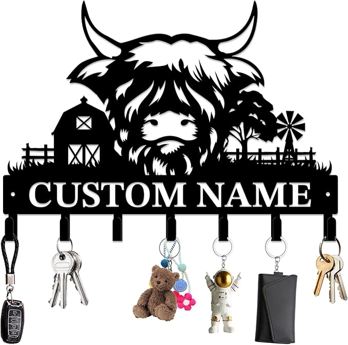 magilab Personalized Custom Highland Cow Wall Hooks,Metal Highland Cow Art Clothes Hooks,Metal Highland Cow Wall Home Storage Decorative,for Front Door, Hallway, Kitchen, Bedroom,Keys,Hats (Style M)