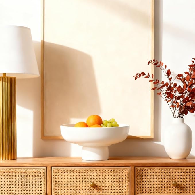 Matte White Pedestal Bowl, 9.85in Resin Decorative Centerpiece for Coffee Table, Dining Table & Entryway, Modern Fruit Bowl, Key Catchall for Home Decor