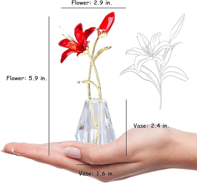 Red Crystal Pink Lily Flower Figurine with Stems - Handmade Collectible Statue for Decoration Mothers Day Centerpiece Valentines Day Bridal Shower Gift