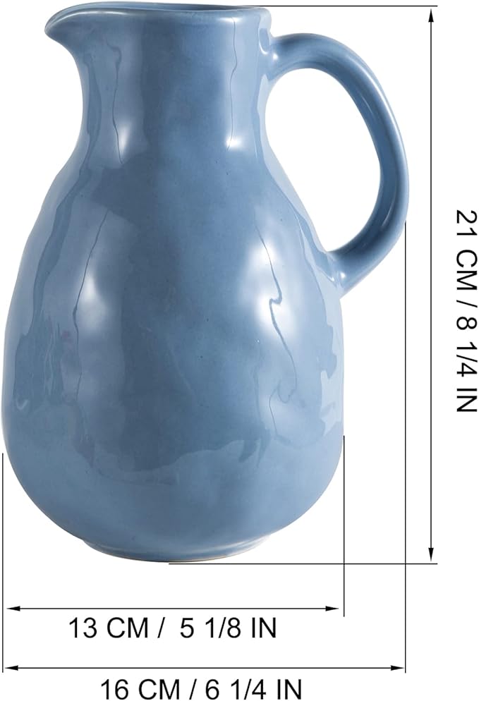 Kimdio Blue Ceramic Vase with Handle, Modern Pitcher Vases for Home Decor, Pottery Decorative Flower Vase, Clay Vases, Centerpieces for Living Room