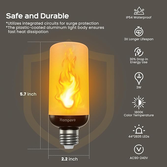 Hompavo Gen2 LED Flame Light Bulbs, Like Real Fire 4-Mode Flickering Light Bulbs with Upside Down Effect, E26 Flame Bulb for Halloween Christmas Party Patio Porch Home Indoor & Outdoor Decorations, 4