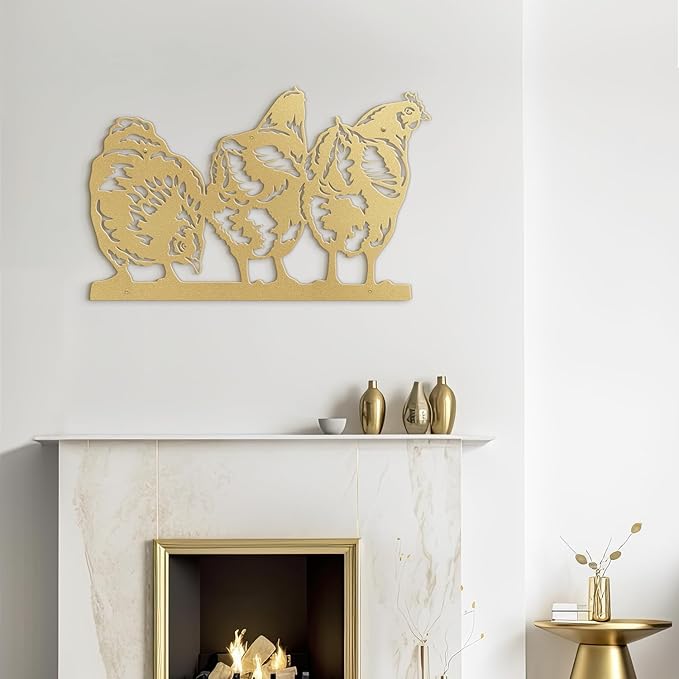 SIGNLEADER Metal Wall Art Decor Farmhouse Trio of Chickens Minimalist Modern Abstract Wall Sculpture Hangings Home Decoration for Living Room, Bedroom, Bathroom, Kitchen, Outdoor - 18" Gold