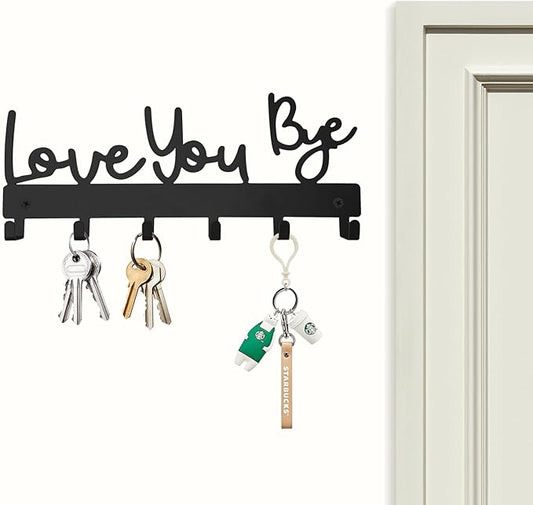 Love You Bye Sign Key Holder Hook Wall Mounted Key Holder Rack Organizer Hanger with 6 Hooks for Wall Express Love Art Decor for Entryway Front Door Kitchen Hallway Office (Love You Bye)