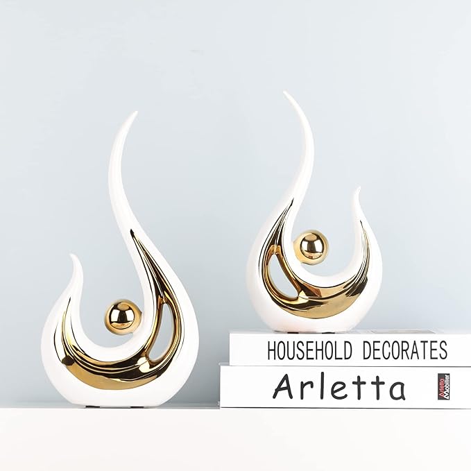 DOVDOV Ceramic Abstract Statue Set of 2, White and Gold Decoration, for Living Room TV Stand Decor, Home Office, Room Decor, entryway Entrance, Dining Table Decor and Accessories